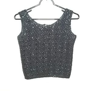 Vintage Black Sequin Sleeveless Crop Top | Fully lined Satin | EUC